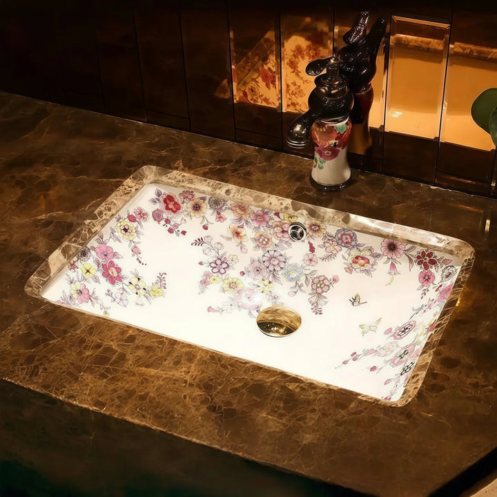Victorian Artisan  Artistic Home Decoration Blooming Flowers Rectangular Under Counter Ceramic Wash Basin Drop-in Bathroom Vanity Sink