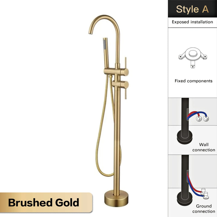 Zig- Brass Bathroom Freestanding Bathtub filler faucet. Floor Standing Design with Simple 2 Handle Hot and Cold Bathtub and Dual-Mode Faucet