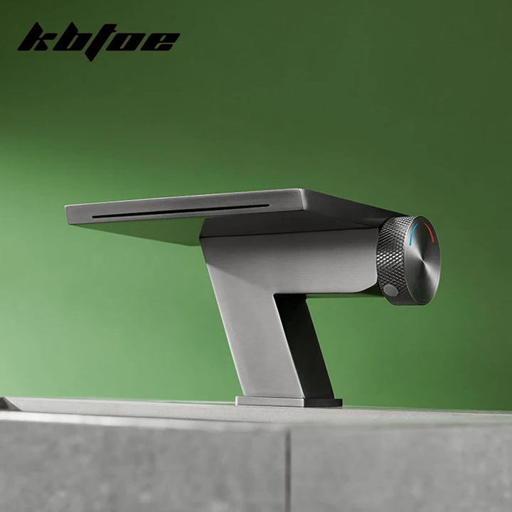Doberman-Gun Gray/Brushed Gold Waterfall Basin Faucet Bathroom Cold Hot Knob Switch Toilet Sink Mixer Tap Deck Mounted Modern Vanity Tap