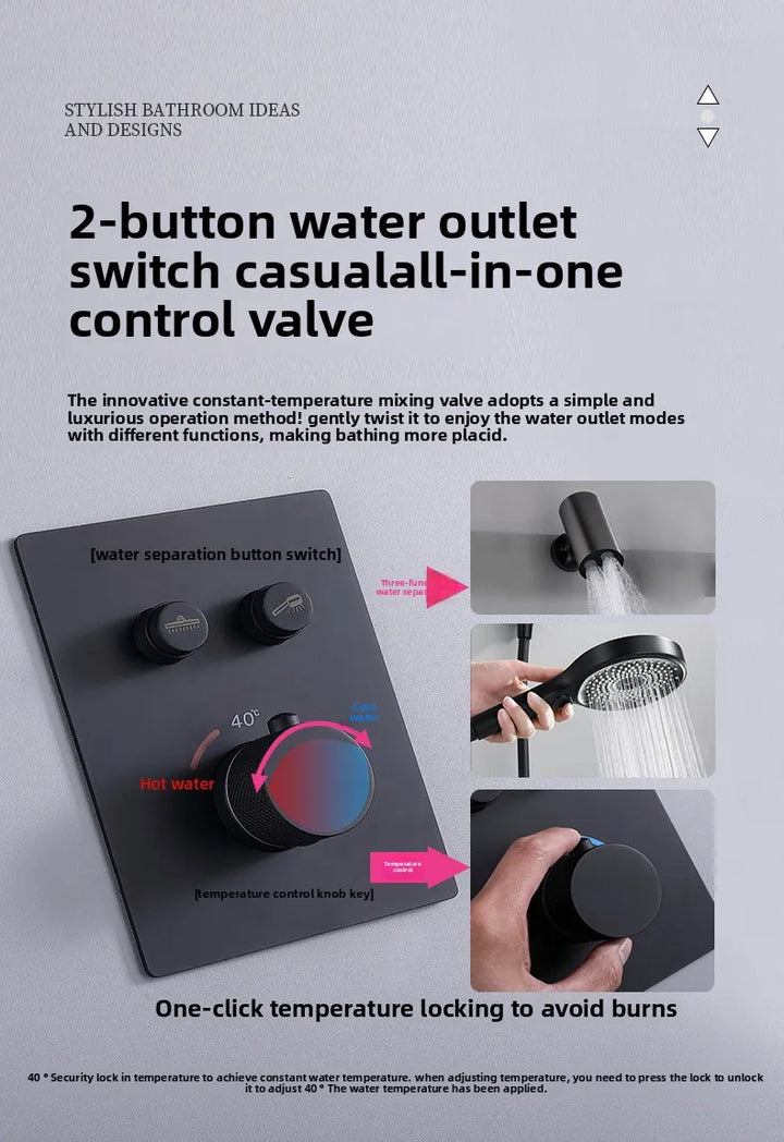 Aston-Camera Wall Mounted Thermostatic Shower Set Gunmetal Grey All Copper Concealed Rain Shower Head