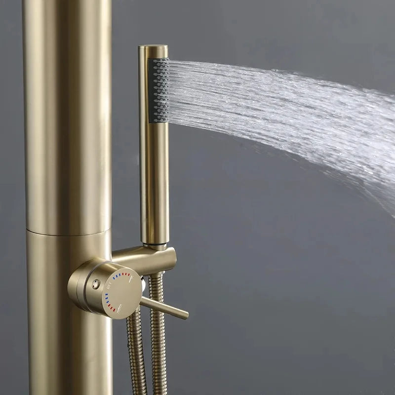 Brushed Gold 304 Stainless Steel Column Set Freestanding Garden Swimming Pool Rain Outdoor Shower 88" Height