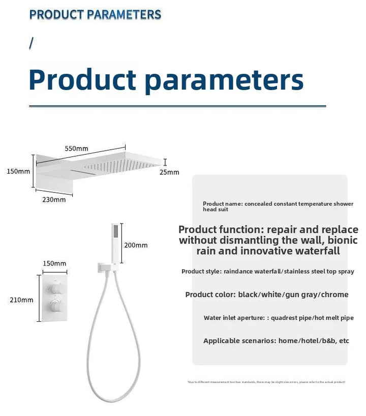 White Matte Full Brass Thermostatic Concealed Wall Mounted Shower Set with Rainfall Showerhead for Bathroom