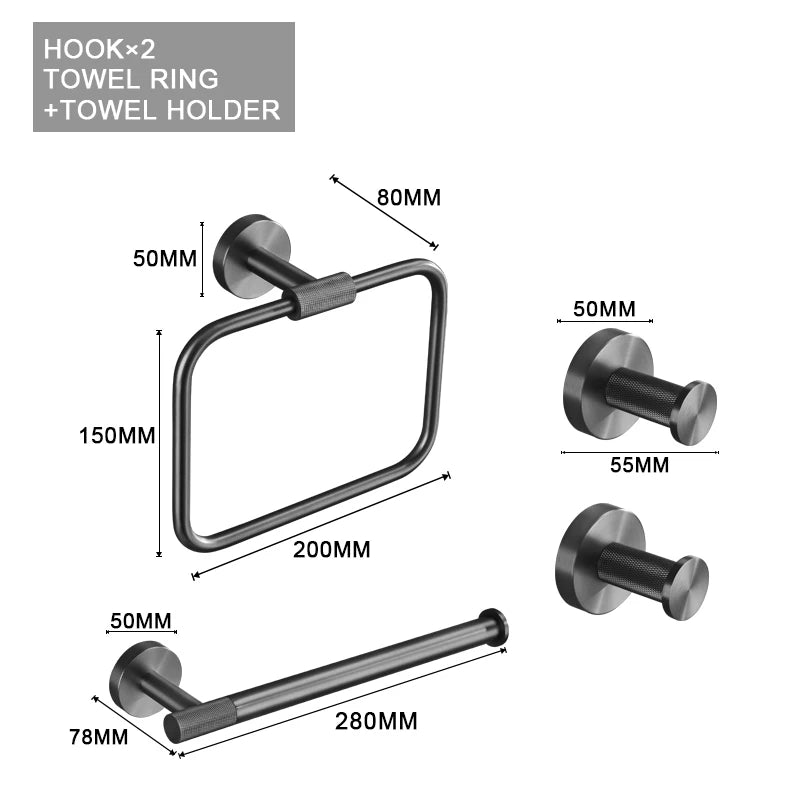 Grey Gun Metal Bathroom Hardware Set Accessories Kit Stainless Steel Round Wall Rack Hand Bar Toilet Roll Paper Holder Robe Towel Hook