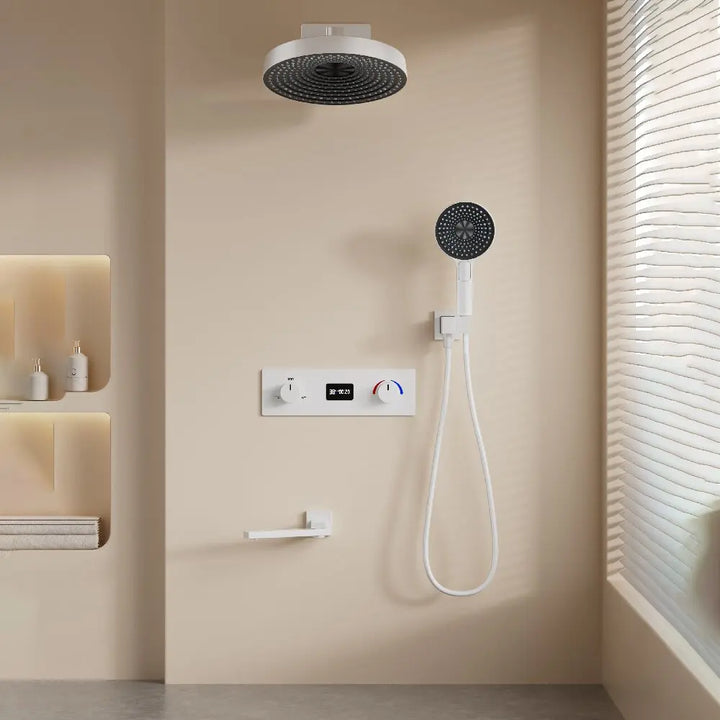 Round Thermostatic Bathroom Shower Faucet In Wall Black  Bath and Shower Faucet Set  Thermostatic Mixer Bath and Rainfall Shower