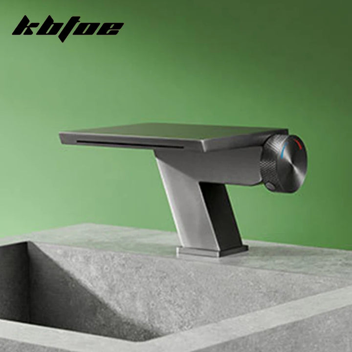 Doberman-Gun Gray/Brushed Gold Waterfall Basin Faucet Bathroom Cold Hot Knob Switch Toilet Sink Mixer Tap Deck Mounted Modern Vanity Tap