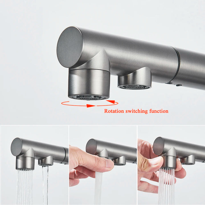 NORWAY 3-Filtered Kitchen Sink Faucet with Pull Down Sprayer 2 Handle 3 in 1 Water Filter Purifier Faucet Dual Sprayer Drinking Water Tap