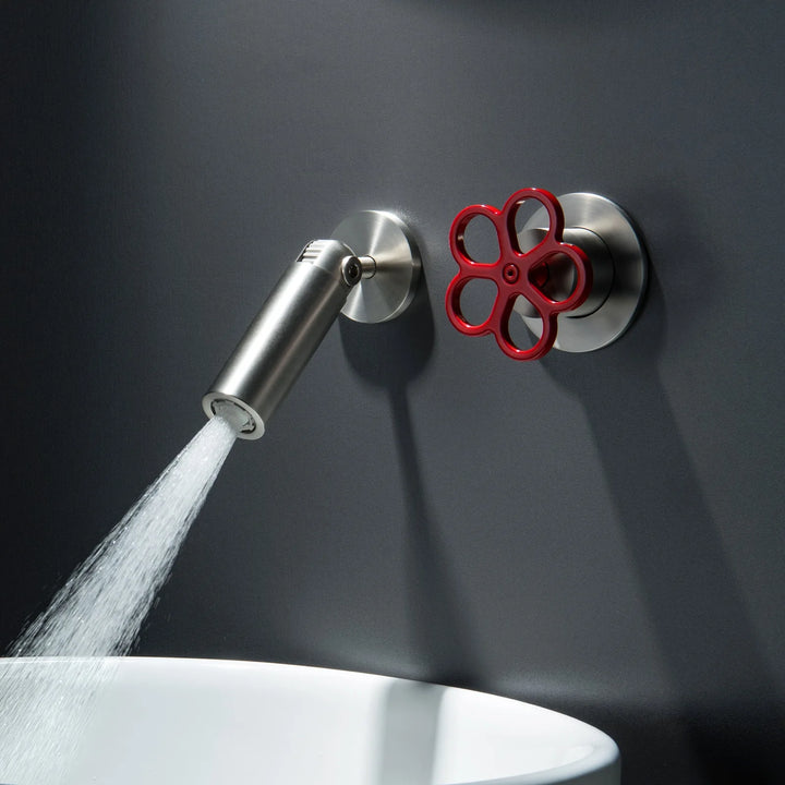 Gunmetal Brass Wall Mounted Basin Faucet Hot and Cold Water Mixer Tap with Flower Handle