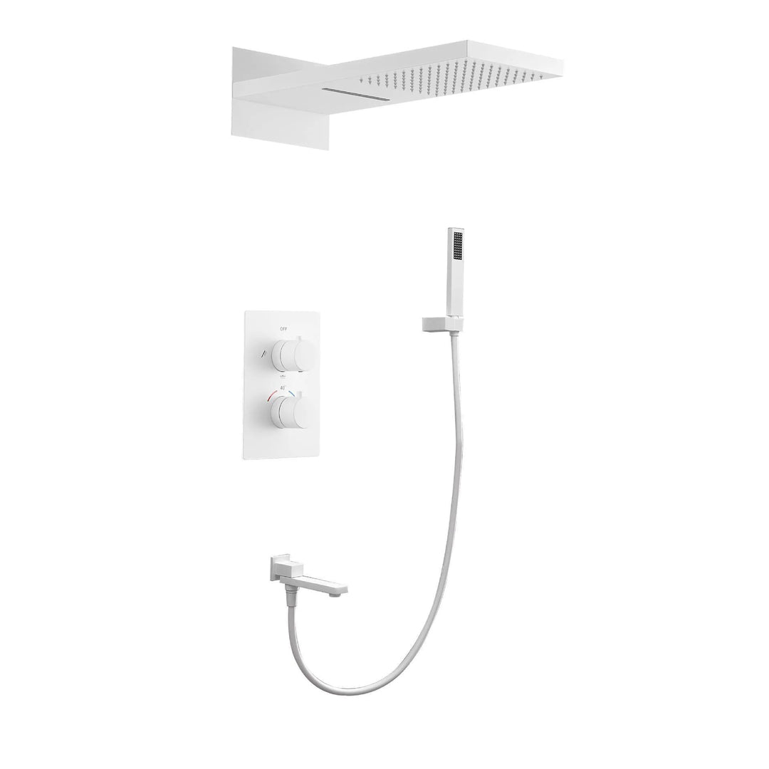 White Matte Full Brass Thermostatic Concealed Wall Mounted Shower Set with Rainfall Showerhead for Bathroom