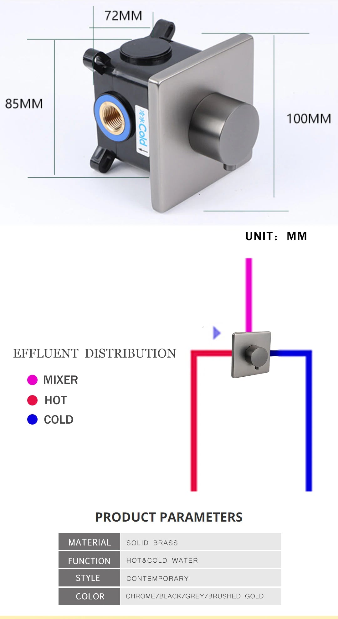 Hot and Cold Mixing Valve Body Faucet Single Handle Bathroom Concealed Shower Mixing Valve and Trim Kit Round Square