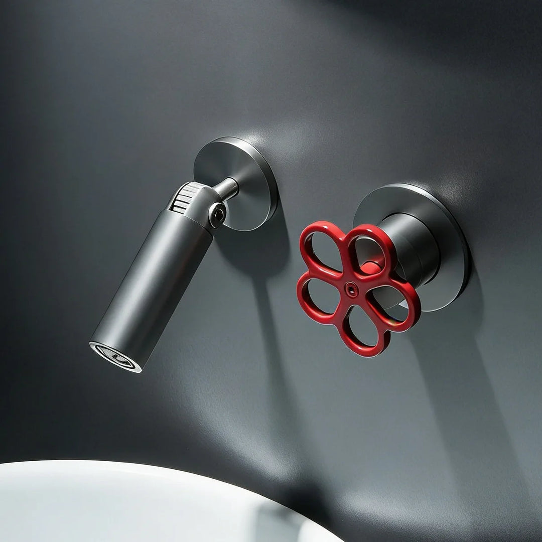 Gunmetal Brass Wall Mounted Basin Faucet Hot and Cold Water Mixer Tap with Flower Handle