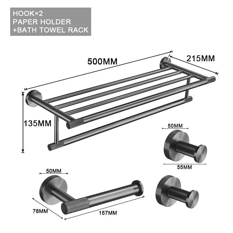 Grey Gun Metal Bathroom Hardware Set Accessories Kit Stainless Steel Round Wall Rack Hand Bar Toilet Roll Paper Holder Robe Towel Hook