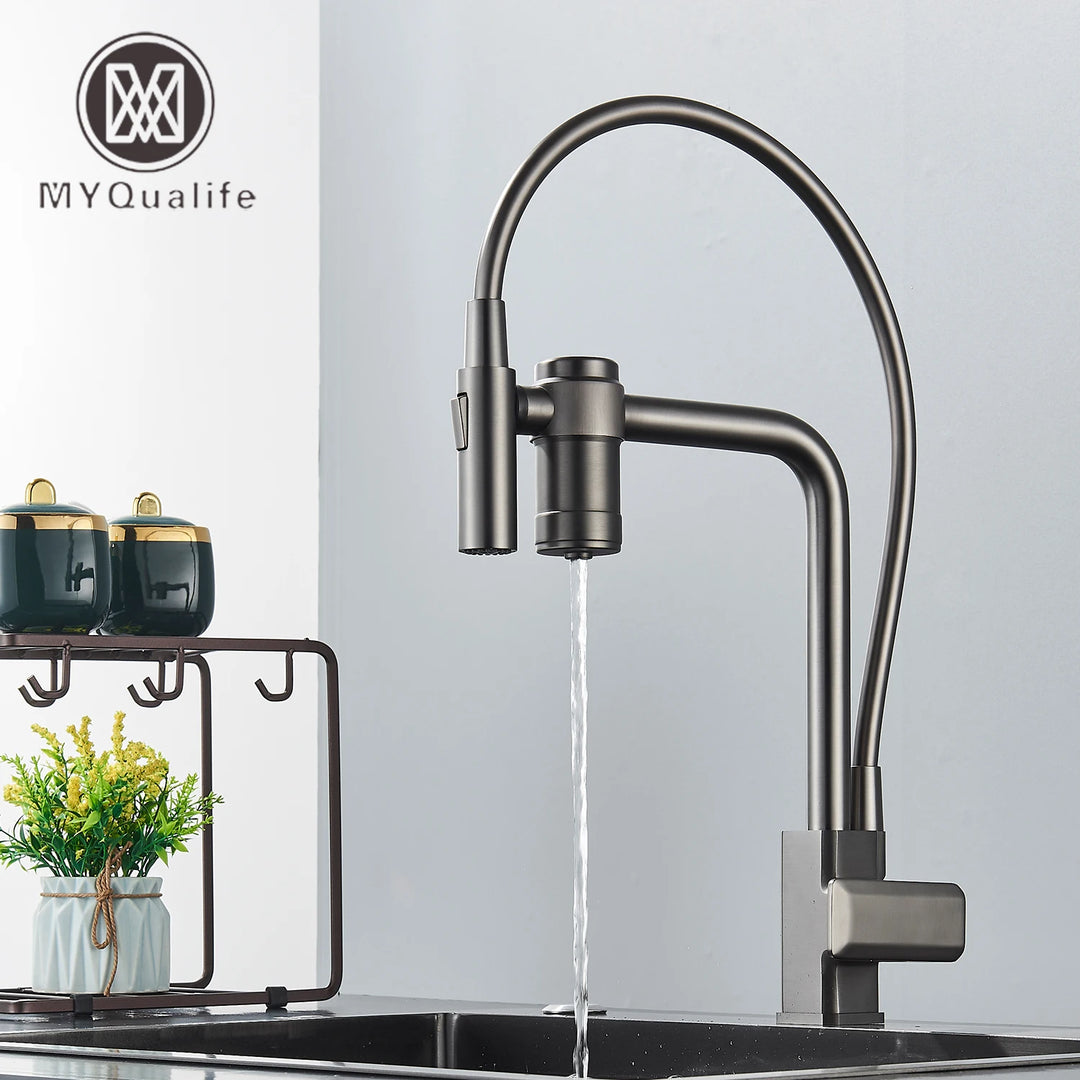 Gun Grey Pure Water Filter Kitchen Faucet Dual Handle Hot and Cold Drinking Water Pull Out Mixer Soft Hose Crane Purification