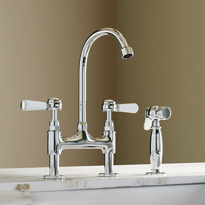 Victorian bridge kitchen faucet with porcelain handles and pull out spray