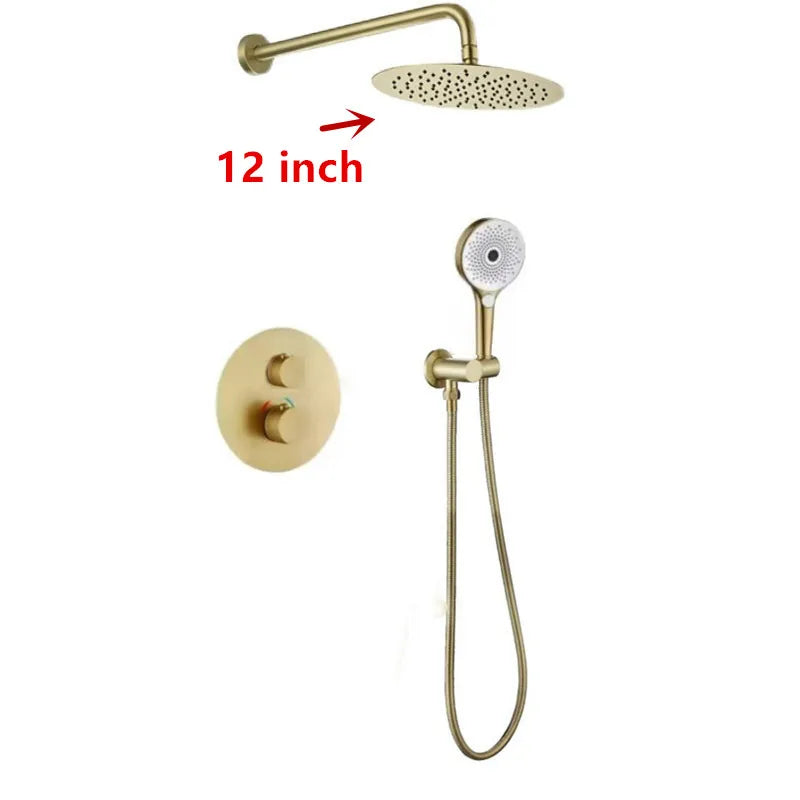 Brushed Gold Matte -Round--CSA-CUPC -10",12" Bathroom thermostatic Shower Set Rainfall Shower Head Single Handle Shower Faucet Wall Mounted