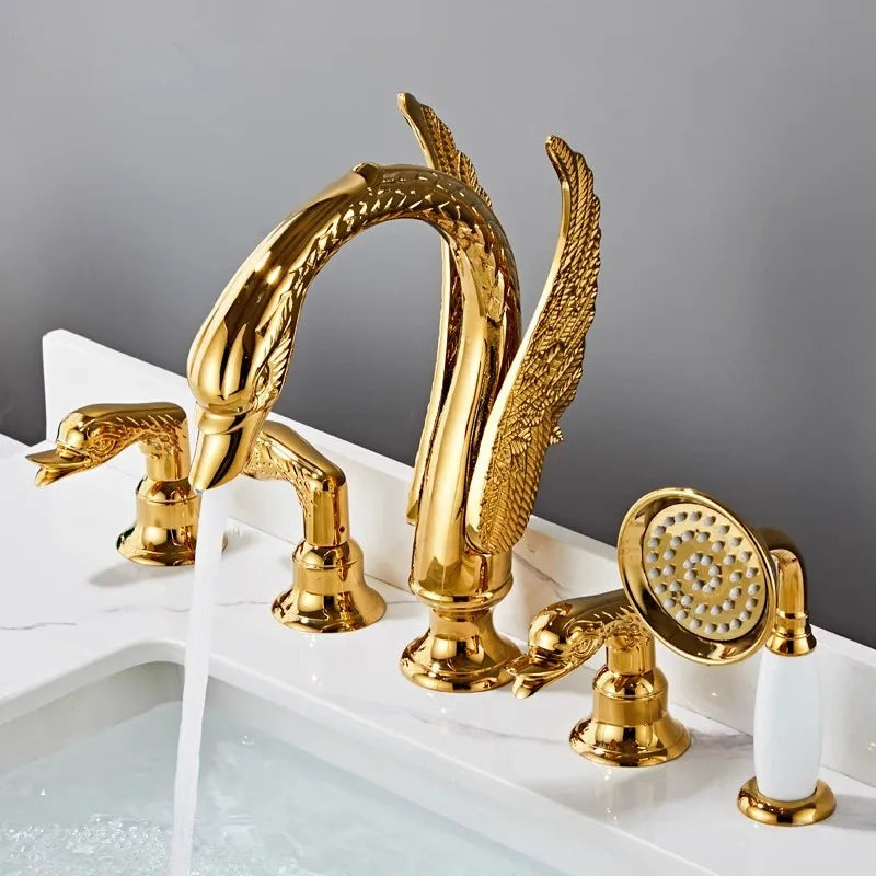 Gold swan 5 holes deck mounted bathtub filler faucets