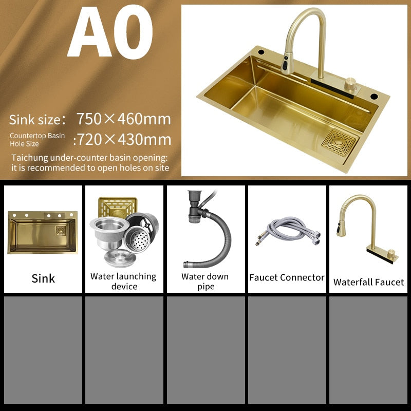 Brushed Gold Aquno 30"x18" -18 gauge stainless steel kitchen sink top mount with Kitchen waterfall, Water Filter  faucet and cleaning cup completed set