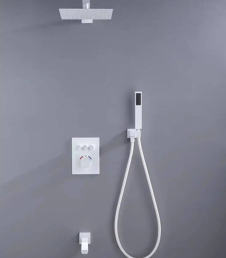 White color square Rain Shower Head 3 wayThermostatic Bath 10 inch Shower Set Wall Mounted thermostatic shower set IS609
