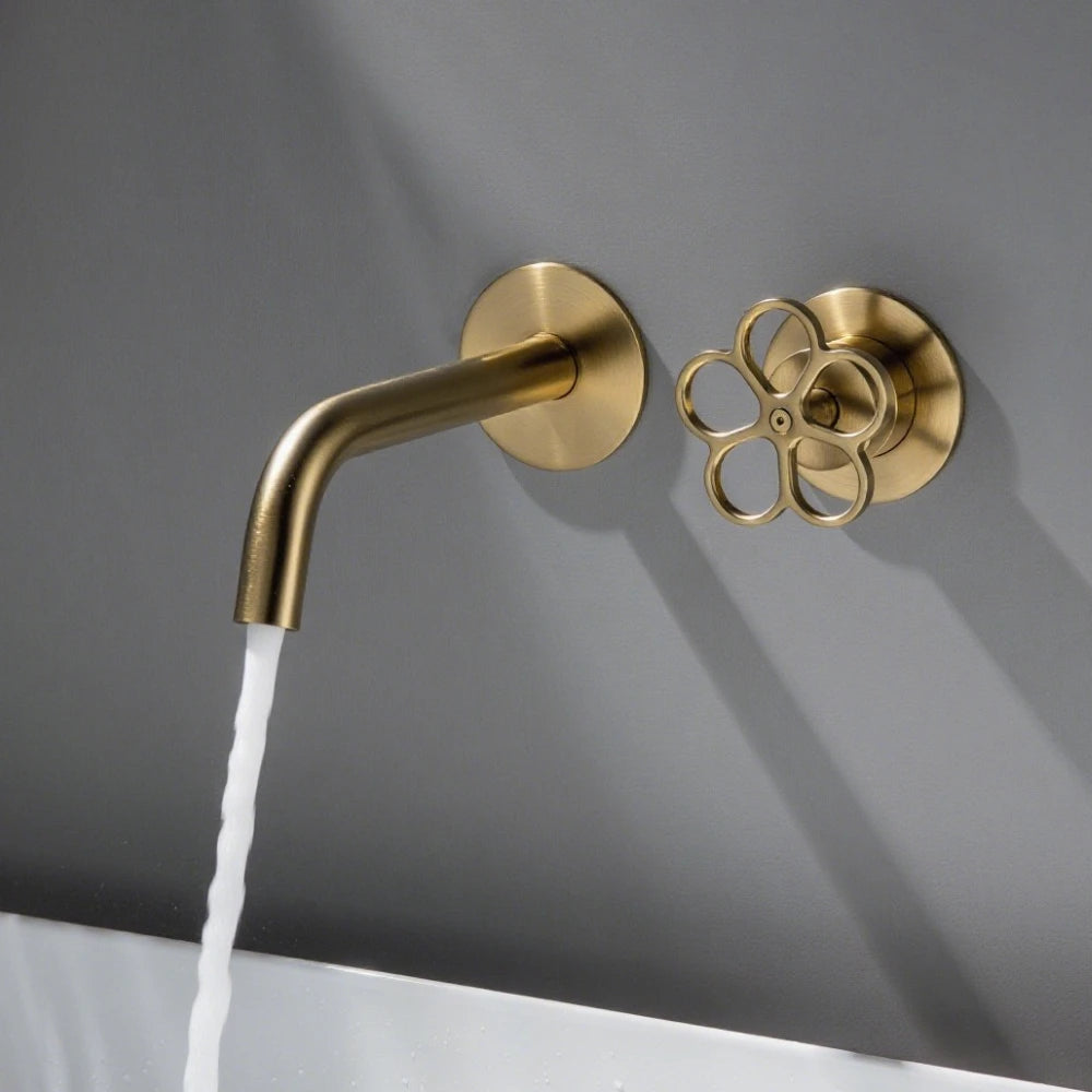 Apollonia-Wall Mounted Bathroom Basin Faucet with Plum Handle Hot Cold Water Mixer Tap
