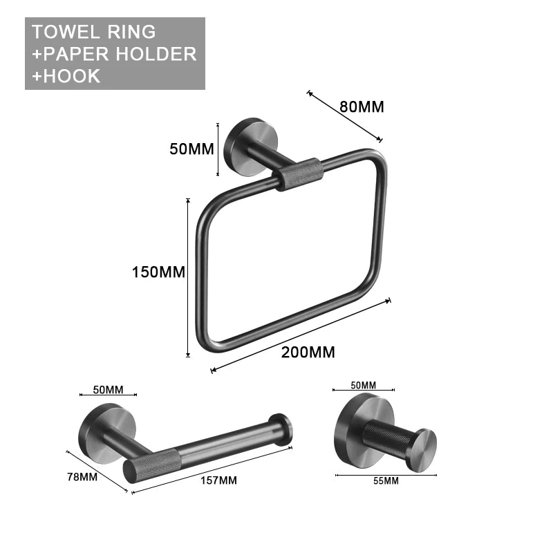 Grey Gun Metal Bathroom Hardware Set Accessories Kit Stainless Steel Round Wall Rack Hand Bar Toilet Roll Paper Holder Robe Towel Hook