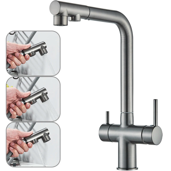 NORWAY 3-Filtered Kitchen Sink Faucet with Pull Down Sprayer 2 Handle 3 in 1 Water Filter Purifier Faucet Dual Sprayer Drinking Water Tap
