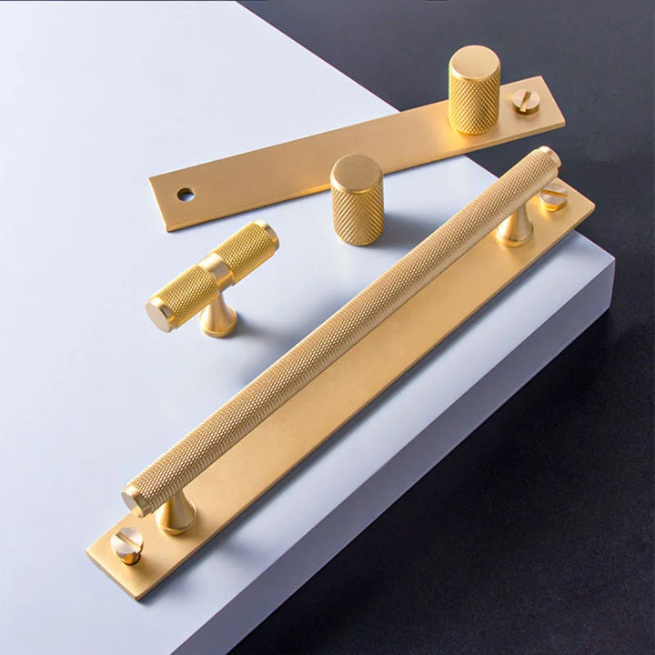 Brass Knurled Cabinet Handles Wardrobe Bar Pull with Baseplate Textured Furniture Door Handle with Baseboard Drawer Knobs