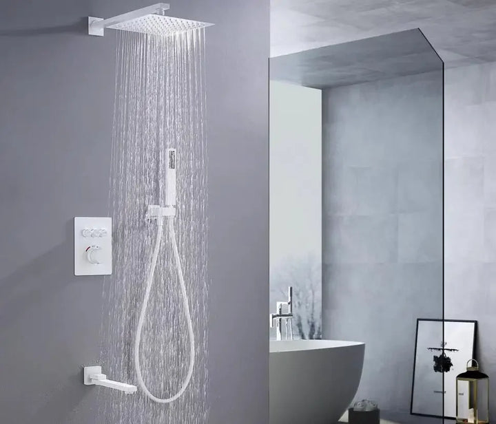 White color square Rain Shower Head 3 wayThermostatic Bath 10 inch Shower Set Wall Mounted thermostatic shower set IS609