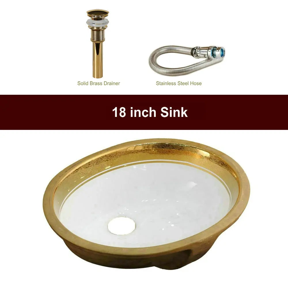 Victorian Luxury Gold Trim Oval Under Counter Basin Oval Undermount Bathroom Sink with Electroplated Gold Rim and Overflow