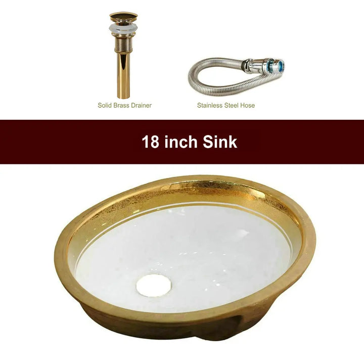 Victorian Luxury Gold Trim Oval Under Counter Basin Oval Undermount Bathroom Sink with Electroplated Gold Rim and Overflow