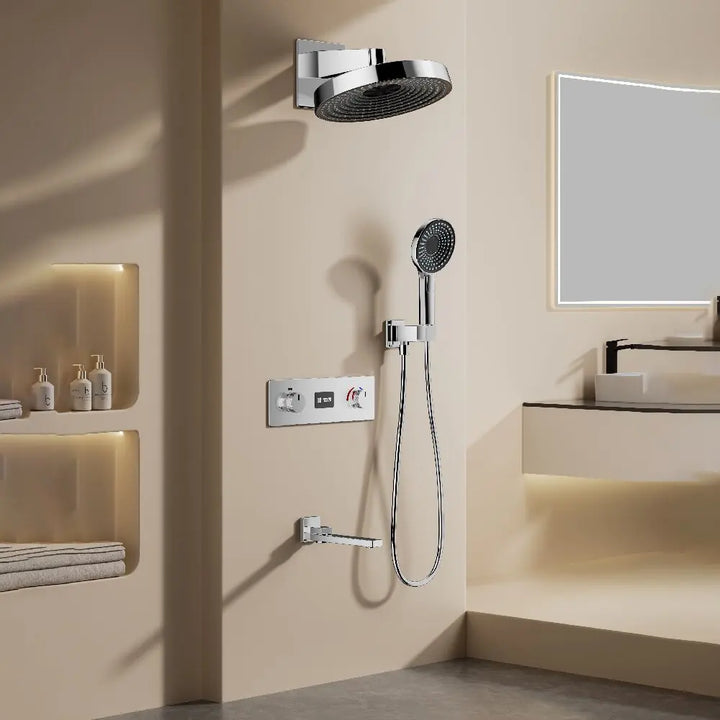 Round Thermostatic Bathroom Shower Faucet In Wall Black  Bath and Shower Faucet Set  Thermostatic Mixer Bath and Rainfall Shower