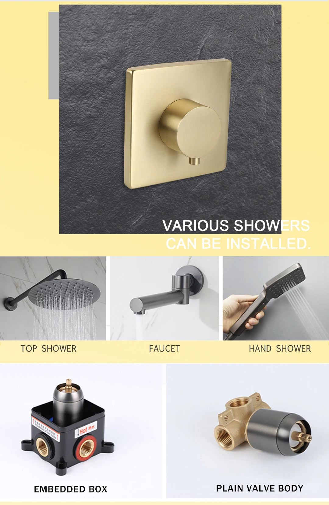 Hot and Cold Mixing Valve Body Faucet Single Handle Bathroom Concealed Shower Mixing Valve and Trim Kit Round Square