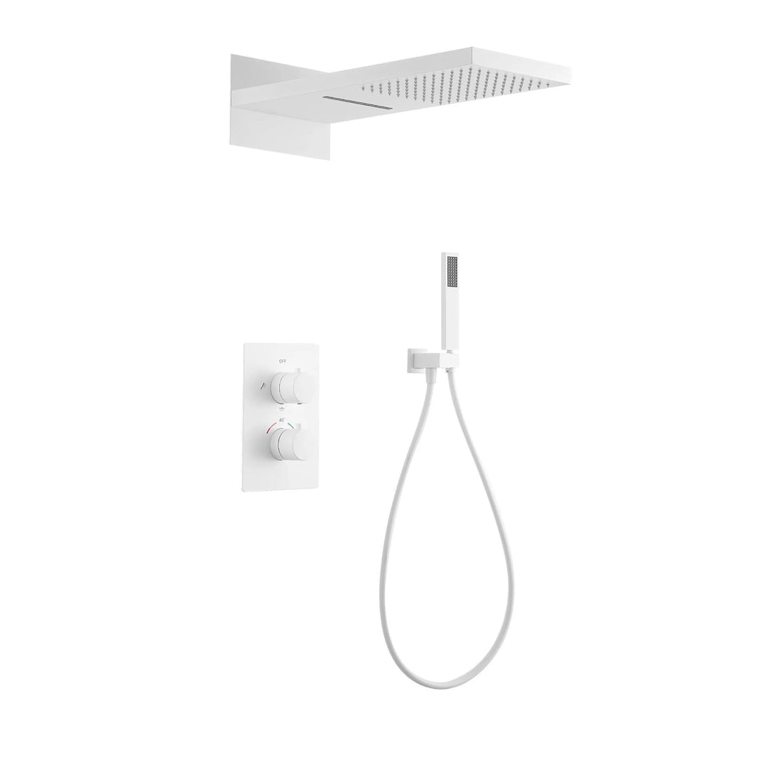 White Matte Full Brass Thermostatic Concealed Wall Mounted Shower Set with Rainfall Showerhead for Bathroom