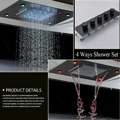 LED Ceiling flush mount 20"x15" rain waterfall thermostatic 4 way function diverter with hand held and 6 body jets shower set