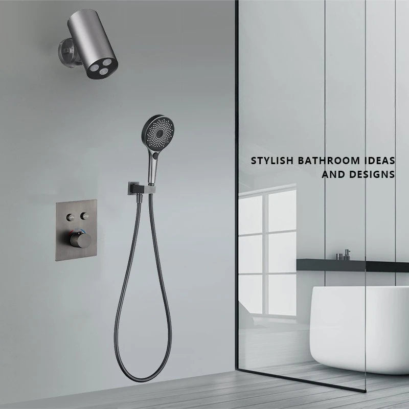 Aston-Camera Wall Mounted Thermostatic Shower Set Gunmetal Grey All Copper Concealed Rain Shower Head
