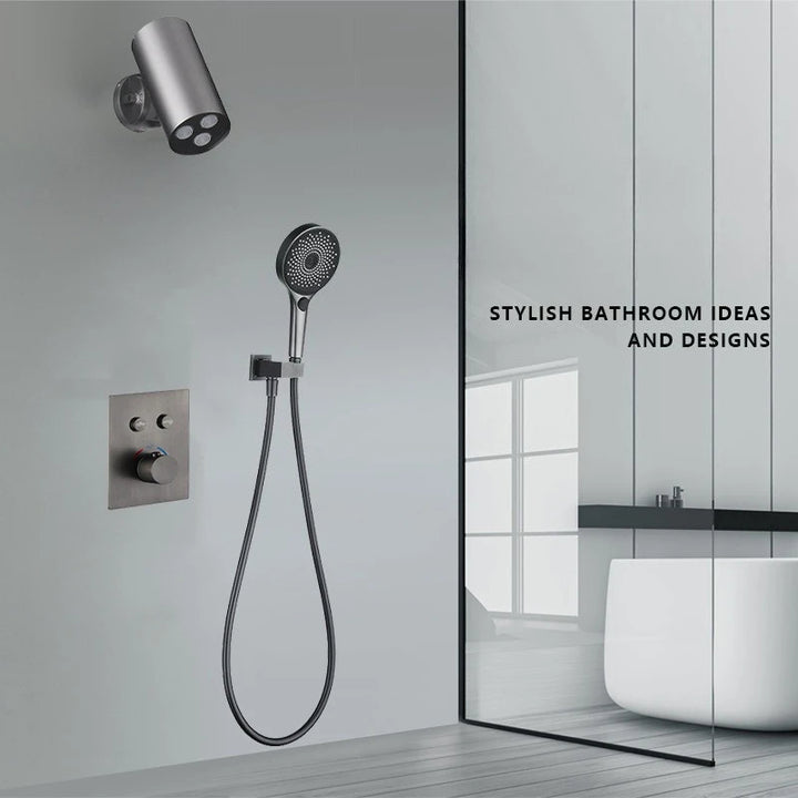 Aston-Camera Wall Mounted Thermostatic Shower Set Gunmetal Grey All Copper Concealed Rain Shower Head