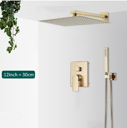 Brushed Gold Square 12" Rain head with 2 way function diverter preesure balance shower kit