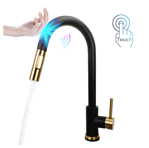 Black matte with brushed gold 2 tone touchless pull out dual spray kitchen faucet