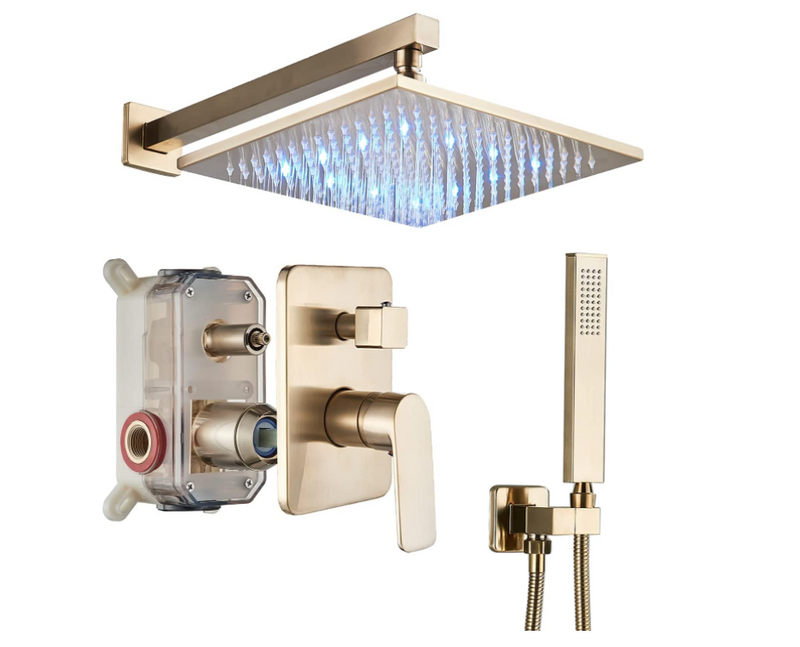 Brushed Gold Square 12" Rain head with 2 way function diverter preesure balance shower kit