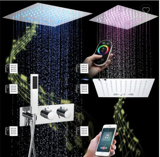 New 12"x12" Ceiling Flushmount LED Rain head and Mist Bluetooth Wifi Music 4 way function valve ,hand spray and body jet massage completed spa shower system kit