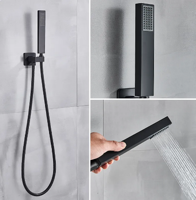 Black matte square 12 inches rain head 3 way function diverter tub and hand spray CUPC shower kit