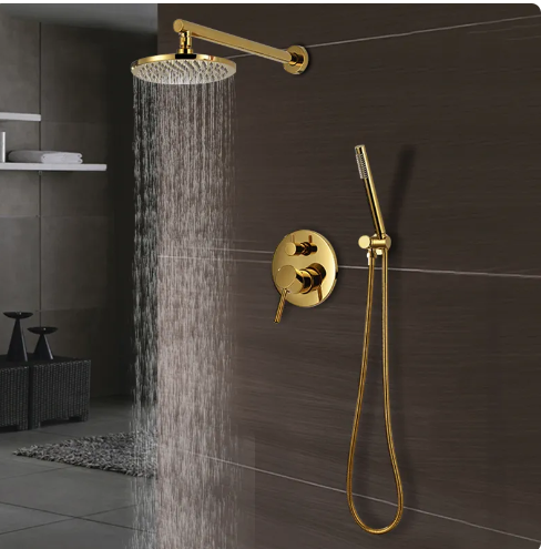 Gold polished brass round 10 inch rain head 2 way function pressure balance shower set