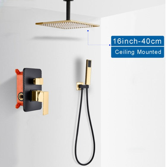 Black with gold square 16" inch ceiling mount rain head 2 way function diverter pressure balance shower completed set