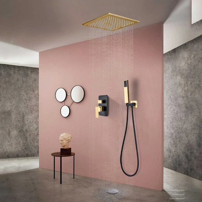 Black with gold square 16" inch ceiling mount rain head 2 way function diverter pressure balance shower completed set