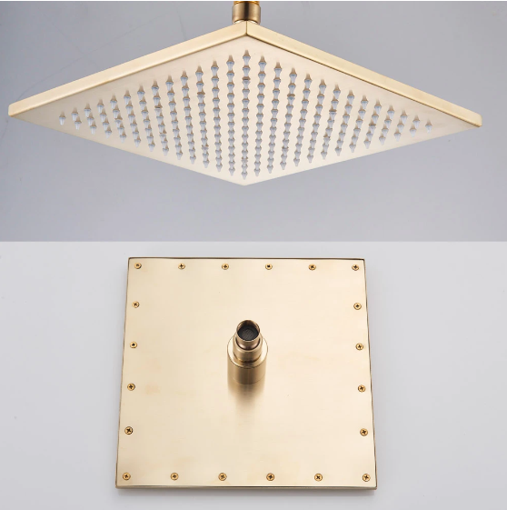 Black with gold square 16" inch ceiling mount rain head 2 way function diverter pressure balance shower completed set