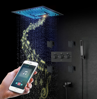 Black Matte- 12"x12" Square Ceiling Flushmount LED Rain head and Mist Bluetooth Wifi Music 4 way function valve ,hand spray and body jet massage completed spa shower system kit