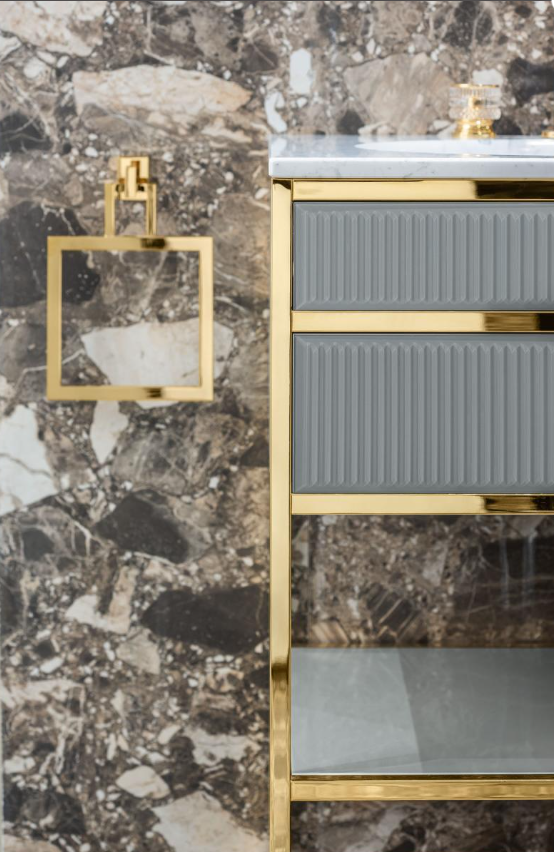 Dolce-Grey Vanity Cabinet With Gold Color Stainless Steel And Gold Color Side Cabinet 60" inches