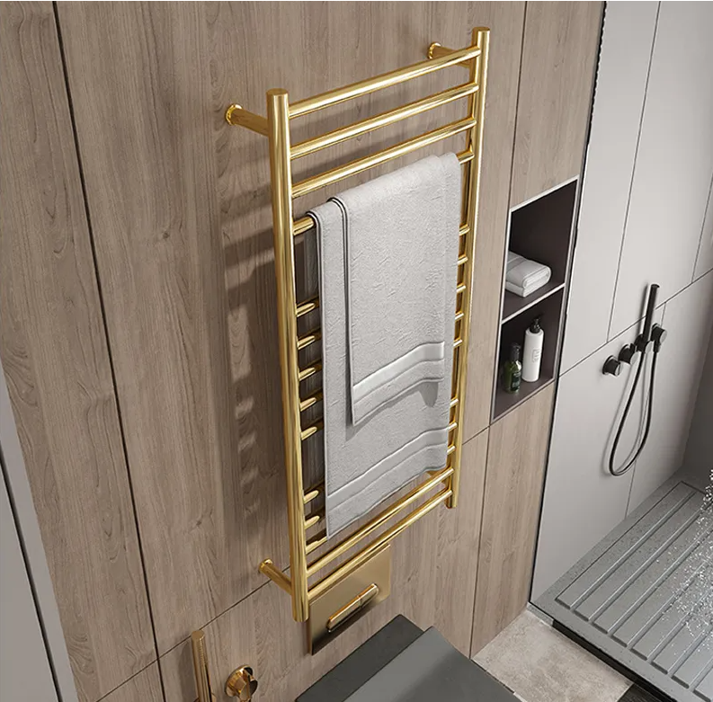 Gold polished brass electric hardwired towel warmer CSA size 43" x 24"