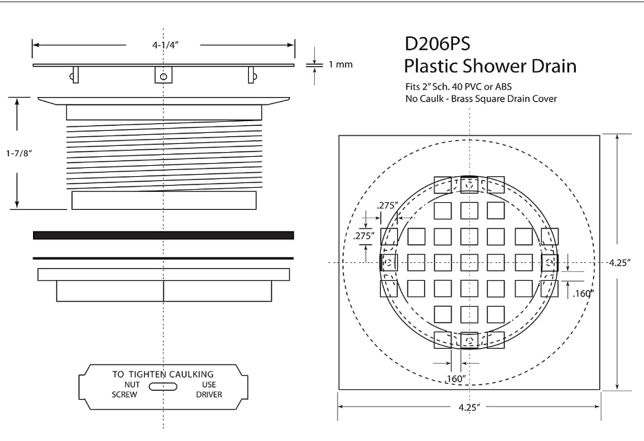 White matte square shower drain 4" x 4" inches