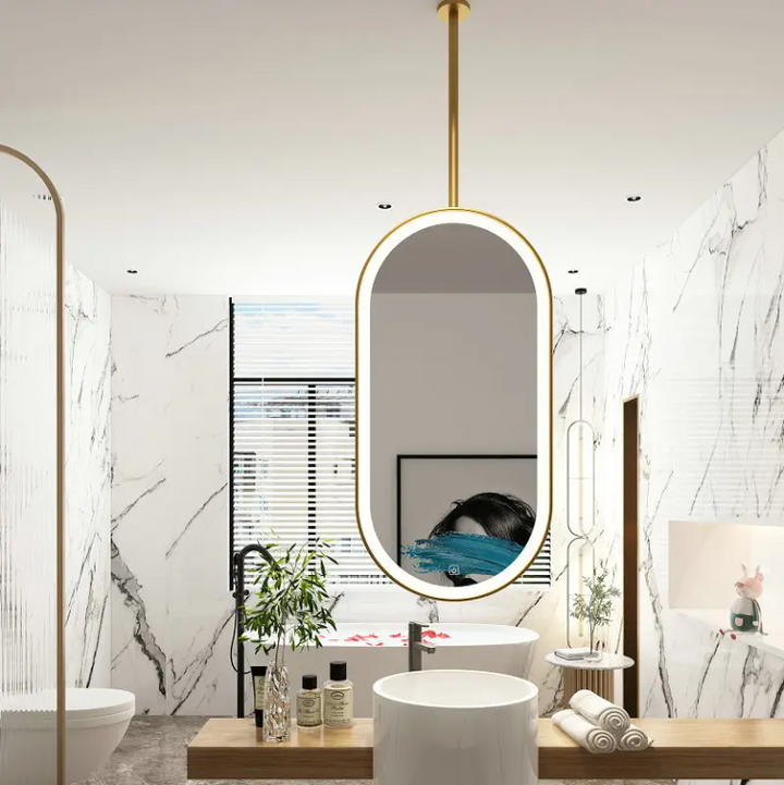 Custom-Double side Mirror-Brushed Gold-Oval Suspended Ceiling Mount Double Side LED Bathroom Mirror