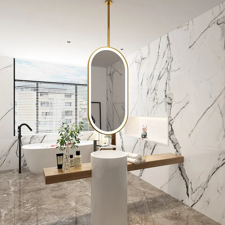 Custom-Double side Mirror-Brushed Gold-Oval Suspended Ceiling Mount Double Side LED Bathroom Mirror