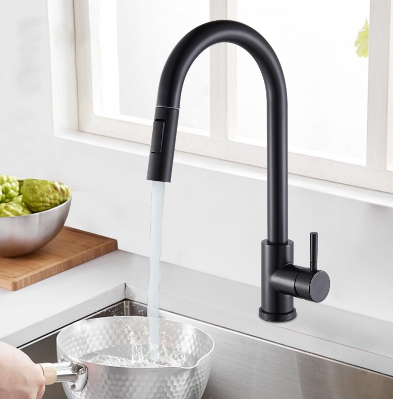 Black Clean Sleek Modern Kitchen Faucet Pull Out Dual Sprayer